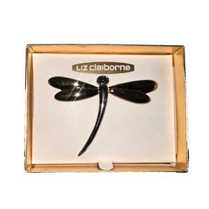 Liz Claiborne Dragonfly Pin Brooch 2-Tone Silver Gold Figural Rhinestone Jewelry